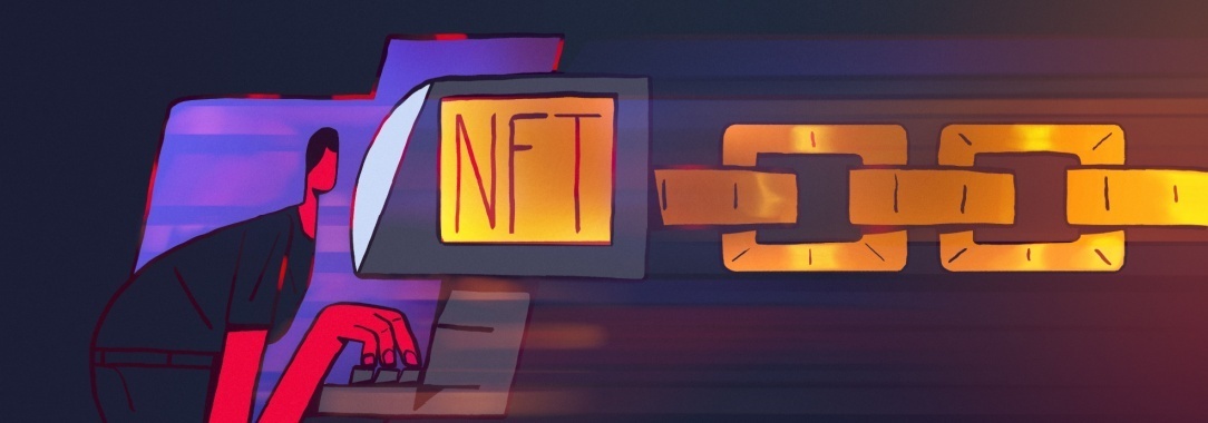 An illustration of a guy playing poker on a PC featuring the letter NFT connected to a large chain