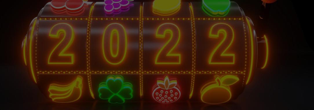 A 3D illustration of a 4-reel slot barrel displaying ‘2022’ with fruit symbols on a dark background