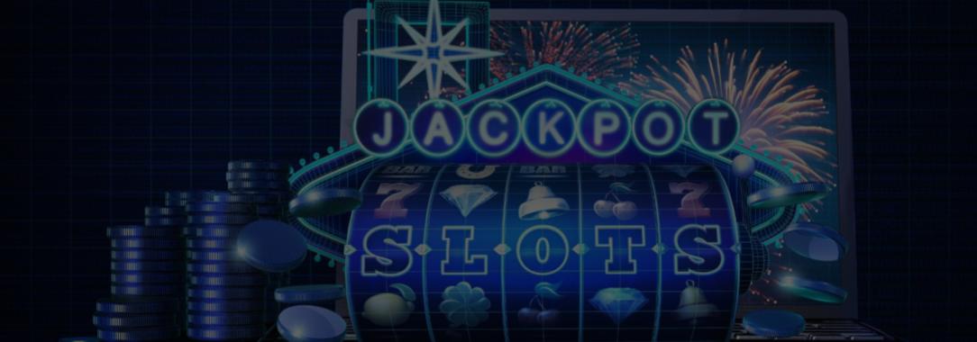 An abstract illustration of 5 reels featuring ‘slots’ with ‘Jackpot’ in blue neon above it, flanked by casino chips, fireworks