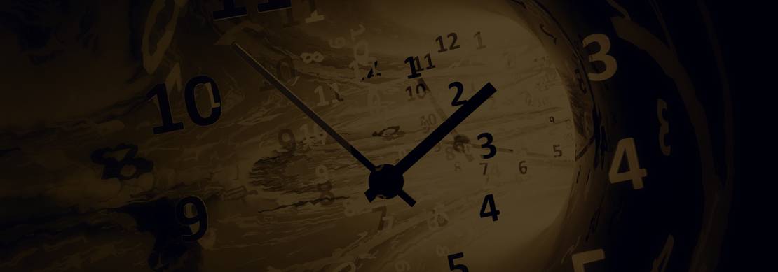An illustration of a dissipating 3D image clock face in sepia 