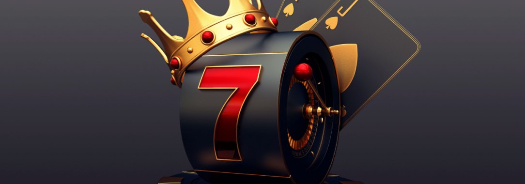 A single black slot barrel with a red 7 symbol on, wearing a gold crown on a grey background