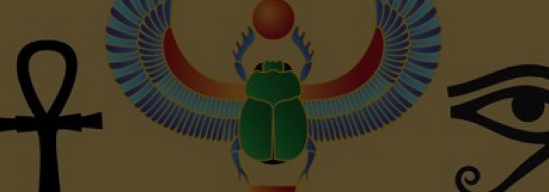 2D illustration of Ancient Egyptian hieroglyphics including a scarab beetle on a pale yellow background