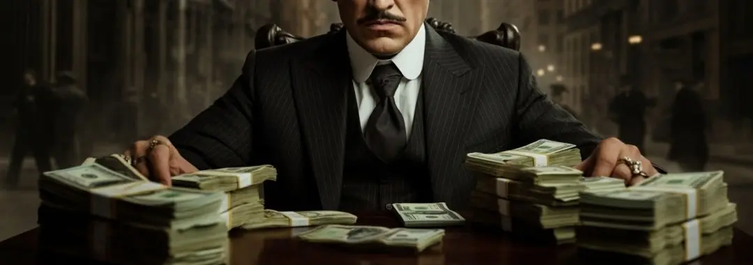 A moody AI-generated illustration of an angry mob boss sitting at a table packed with wads of dollar bills in a dark street