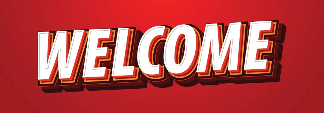 A red banner illustration with the word welcome in bold white
