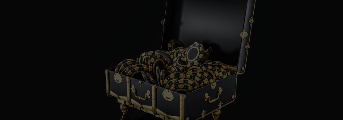 A 3D image of a black and gold suitcase with its lid up to reveal heaps of black and gold casino chips