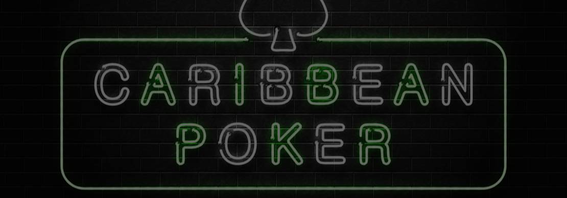 An illustration of the words Caribbean Poker in green and white neon lights on a black brick background