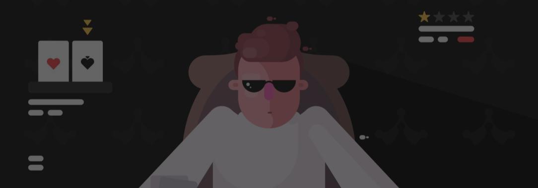 A cartoon-style vector 2D illustration of an online poker player sitting in front of a very short stack wearing dark glasses 