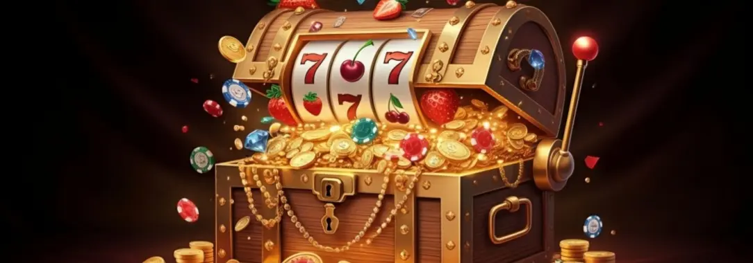 An AI-generated image of an open 3-reel slot treasure chest packed with gold coins, gemstones and casino chips 