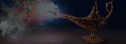 An image of a golden genie lamp with dollar bills coming out of the spout against a nighttime desert sky scene