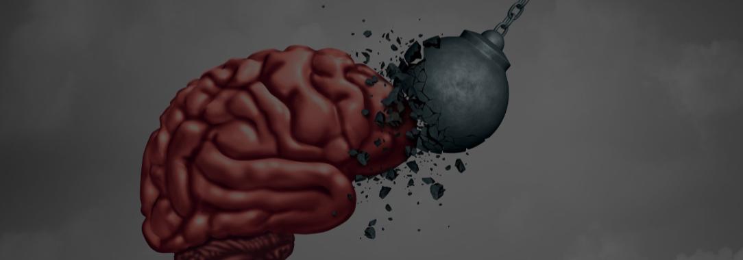 An illustration of a human brain being struck by an iron ball on a chain and shattering the ball on a cloudy sky background.