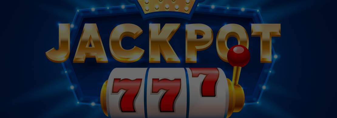 An illustration of a three-barrel slot with triple 7’s and the word jackpot above it with a crown in gold on a blue background