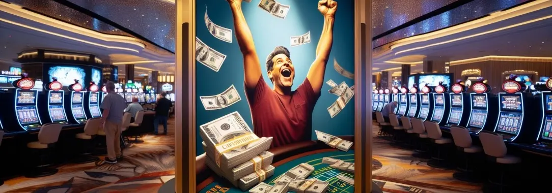An AI-generated image of man on the casino floor surrounded by slot machines throwing bank notes in the air 