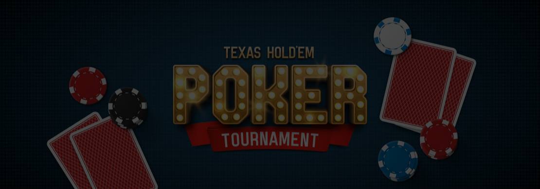 a poker tournament in Texas Holdem logo with red cards, black, red, and blue chips, and the word poker in gold