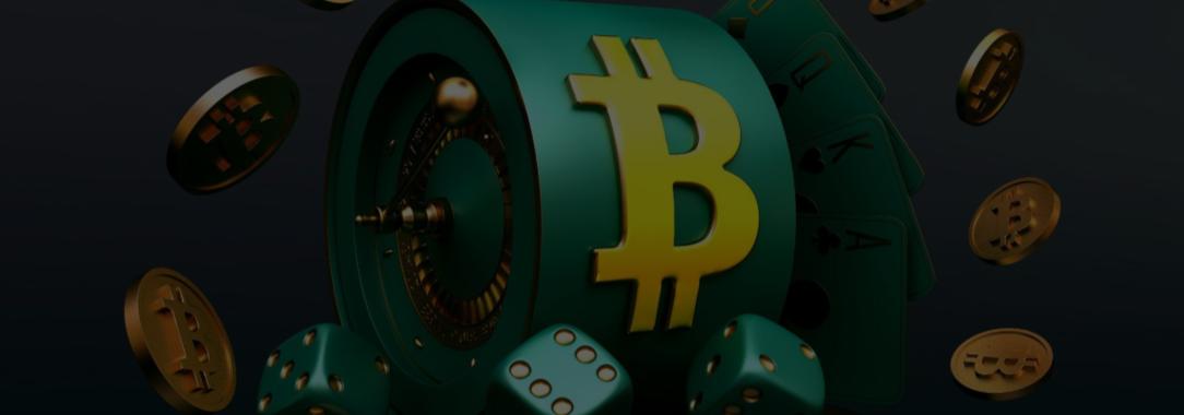 An illustration of a roulette wheel and slot reel featuring a BTC icon on a casino chip, surrounded by BTC coins