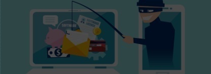 An illustration of a phishing scam concept with a crook holding a fishing line reaching to a laptop from a mobile phone 