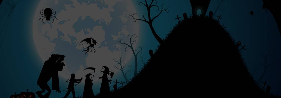 An illustration of silhouettes of Halloween monsters on a full moon with a haunted house on a hilltop against a blue background