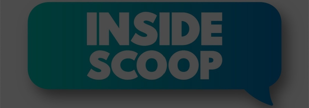 A blue speech bubble with the words inside scoop in, on a white background