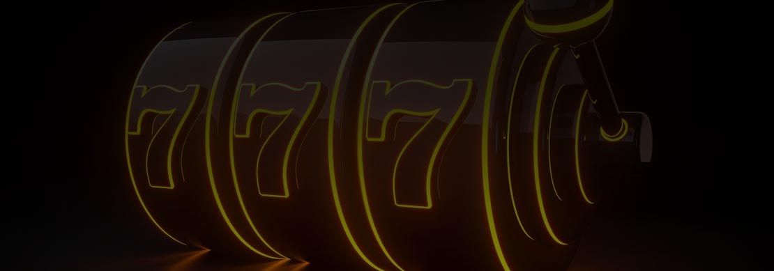 An illustration of a slot machine barrel with three 7s in gold neon trim on a dark background