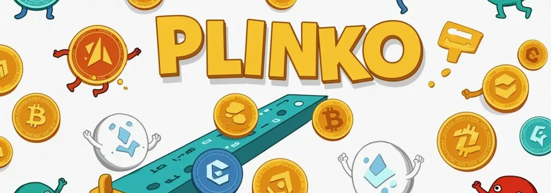 An image of the word Plinko in yellow surrounded by crypto coins and happy emojis in different colors