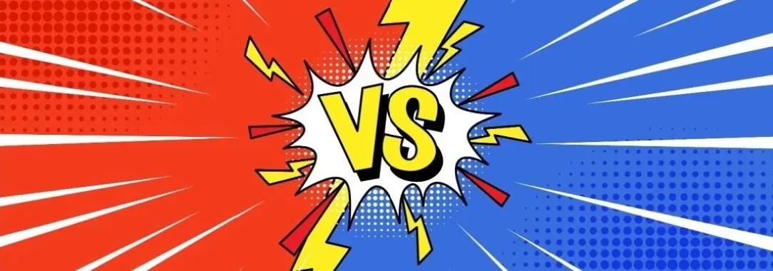 An illustration of a comic-style "VS" in yellow, with red and blue halves, white rays, yellow lightning and dotted patterns