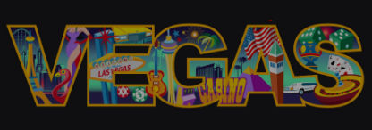 An illustration of the word 'VEGAS' outlined in yellow with images relating to Vegas in each letter isolated on black