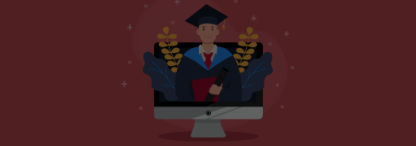 A 2D illustration of a man appearing out of a desktop monitor wearing a graduation gown and cap on an orange background