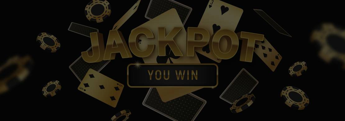 A banner with the words ‘Jackpot’ and ‘You Win’ with cards and casino chips in black and gold on a dark background