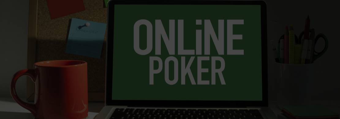 the words Online Poker on a green laptop screen with a coffee cup next to the laptop and a bulletin board behind it