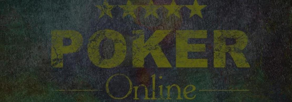 the words poker online with black and white chips against a hazy grey and blue background