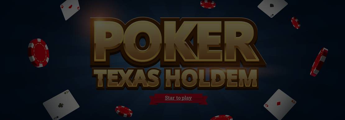 The words Texas Holdem Poker in large bold letters against a dark background with coins and cards floating about