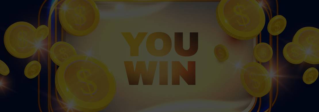 An illustration of the words 'YOU WIN' framed in gold with scattered gold coins against a blue background