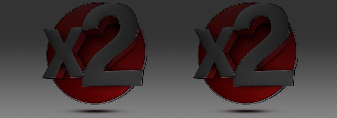 x2 in silver on a background of a red circle