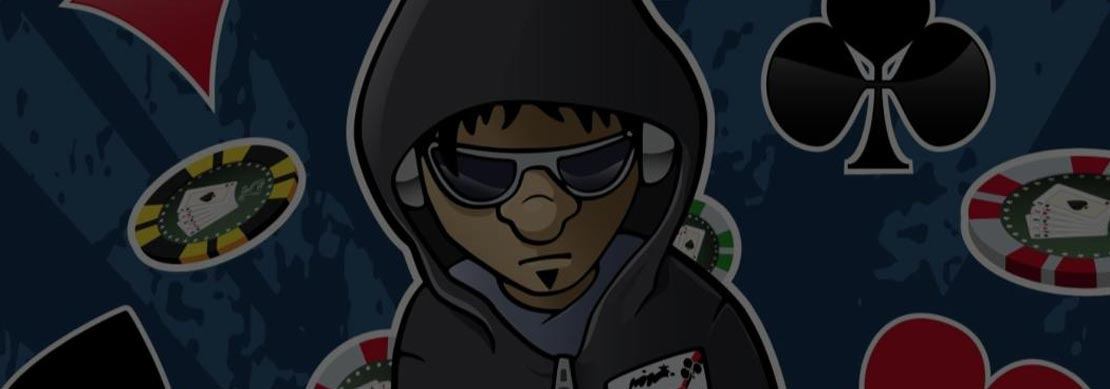A cartoon-style illustration of a young poker player wearing shades and a hoodie moving chips into the centre of the table