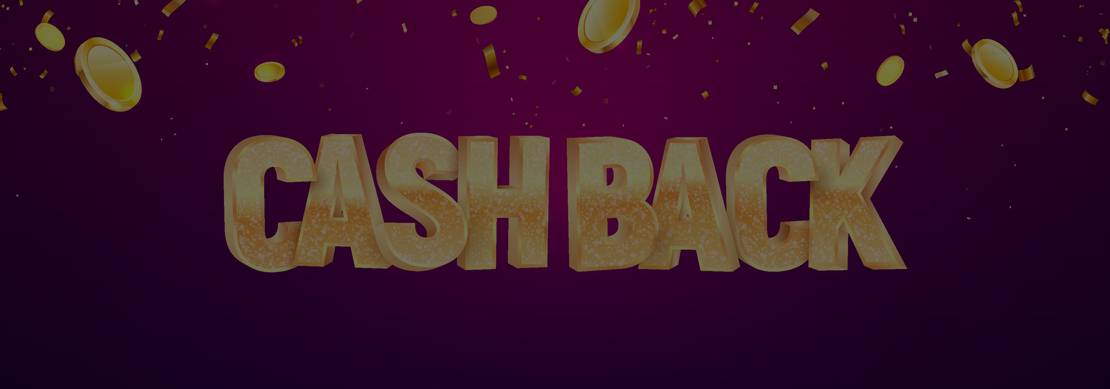 An illustration featuring the words cash back in gold surrounded by gold coins on a purple background 