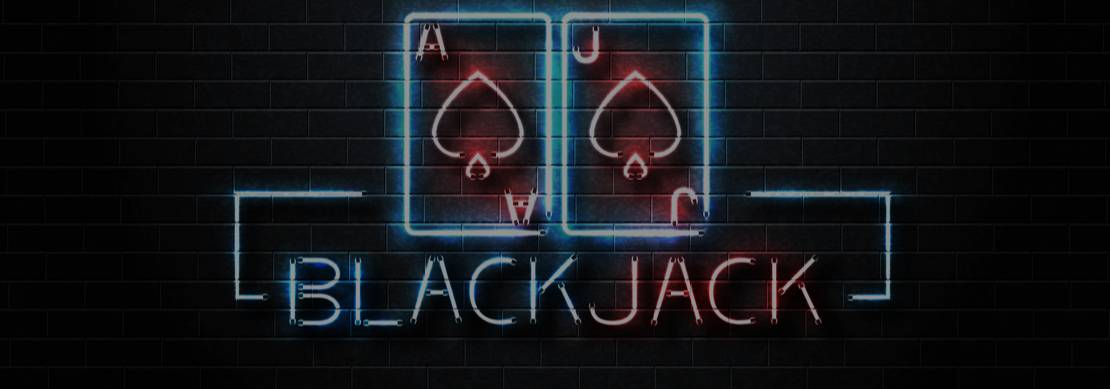 An illustration of a neon sign with cards showing a natural suited blackjack and the word blackjack on a dark brick wall