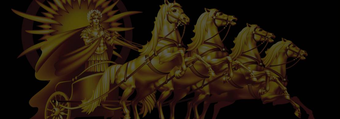 An illustration of Helios the sun god on a golden chariot drawn by four horses on a black background