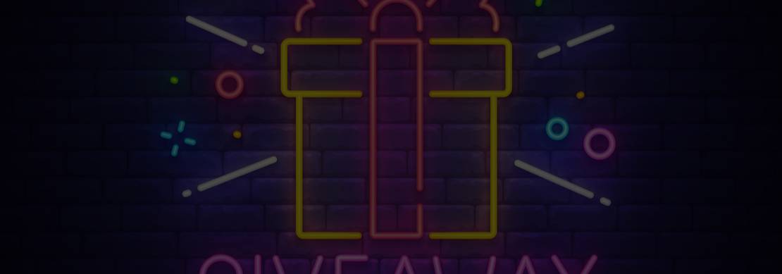 A neon sign of a giftbox with the words ‘giveaway time’ in pink and white against a dark background