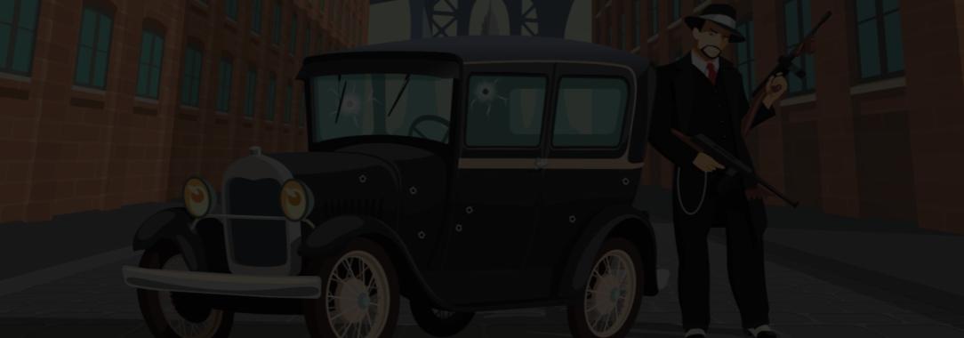 An illustration of a New York mafia gangster in a suit and hat standing next to a vintage car in an alleyway between buildings