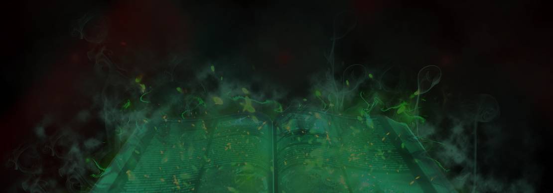 An illustration of an open spell book with green light emanating from it against a dark red and black background
