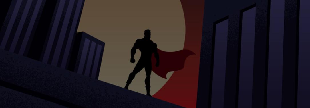 A 2D illustration of a superhero standing on the edge of a tall building at night, silhouetted by a full moon